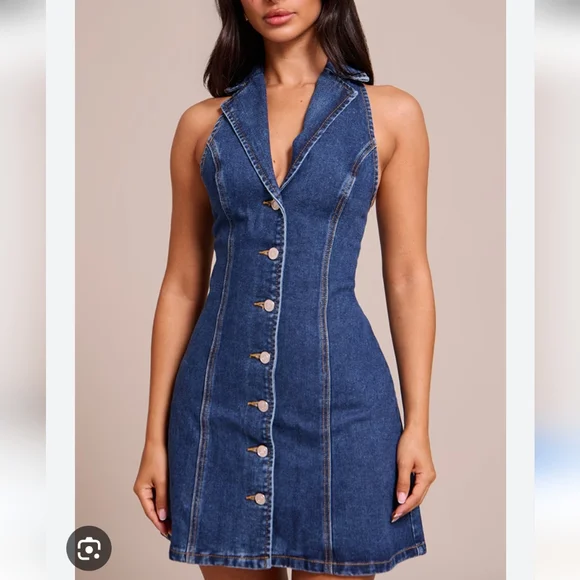 Pretty Little Thing Mid Blue Wash Button Up Lapel Detail Denim Mini Dress - Picture 1 of 8